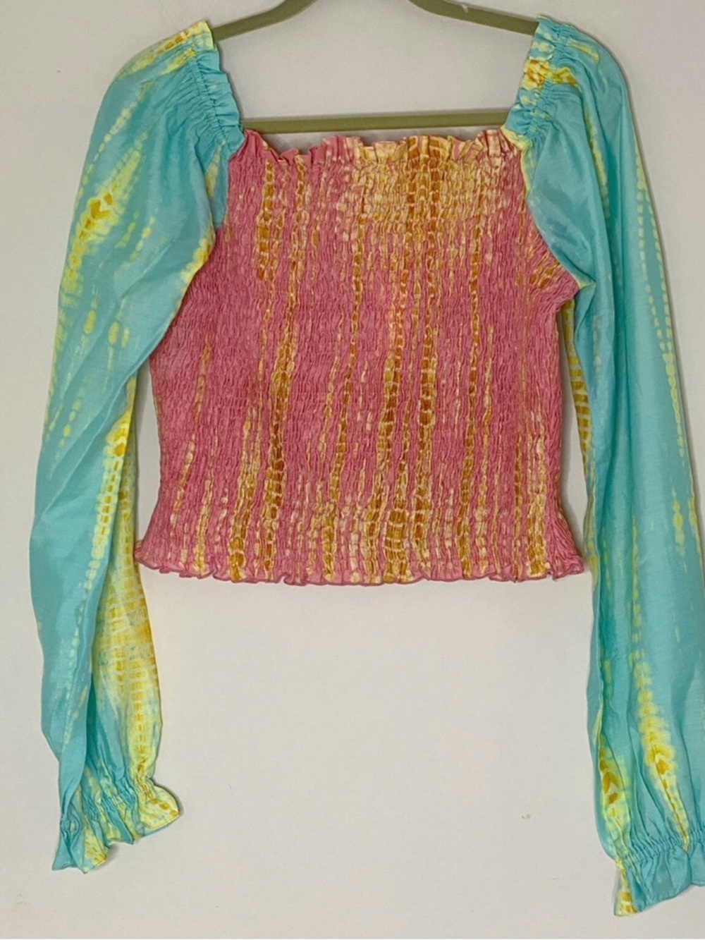 Kavita Bharti Tie Dye Smocked Top Boho Balloon Sleeve Medium Festival Blouse